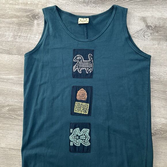 Vintage Blue Cactus Tank Top Maxi Dress Womens Size XL Blue Tribal Native USA - Picture 2 of 10